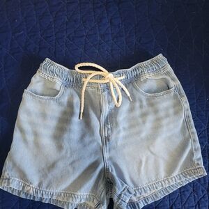 LOFT Light Blue High Waist Denim Shorts with Drawstring